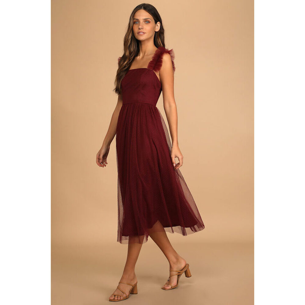 Lulus Divine Invitation Burgundy Swiss Dot Ruffled Midi Dress Red - Size M